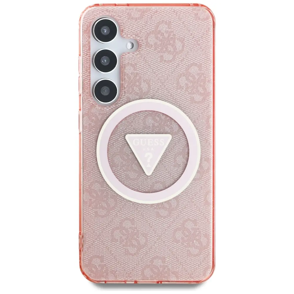 Etui Guess 4G Glitter Triangle Buttons MagSafe do Galaxy S25 Różowy