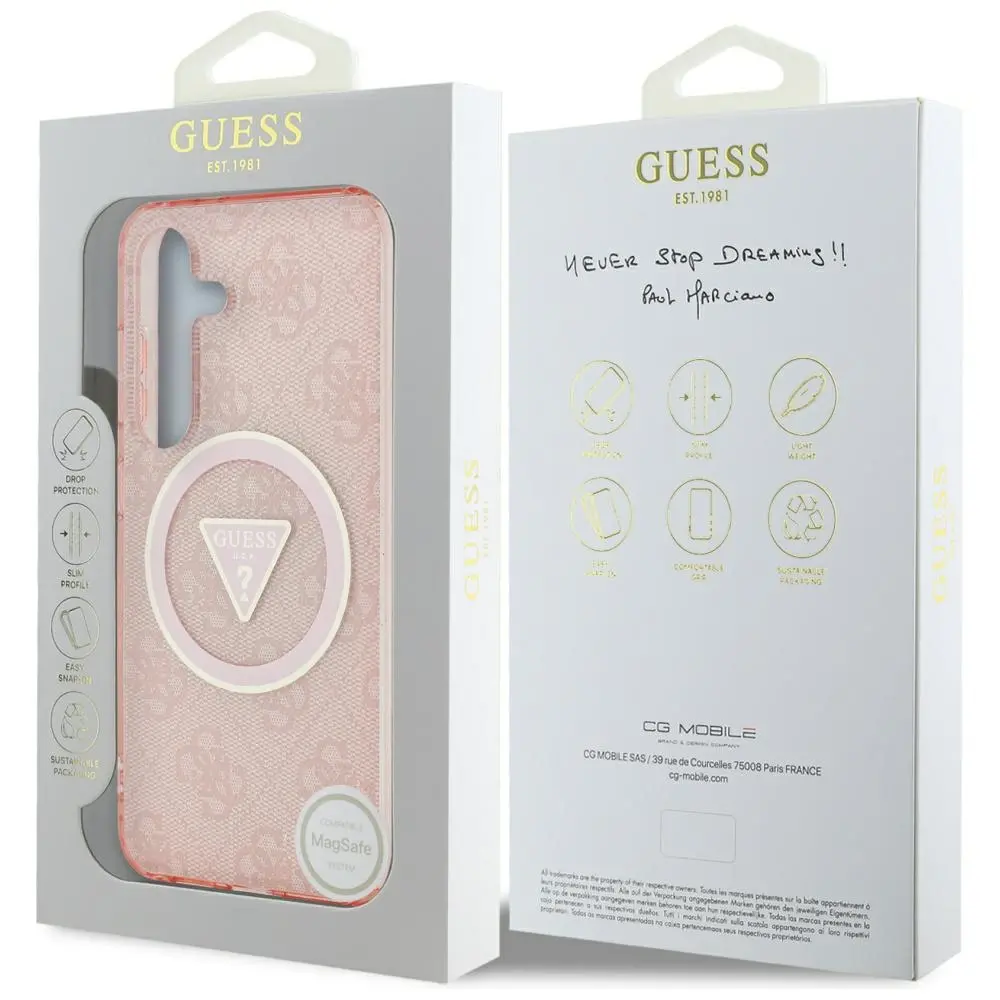 Etui Guess 4G Glitter Triangle Buttons MagSafe do Galaxy S25 Różowy