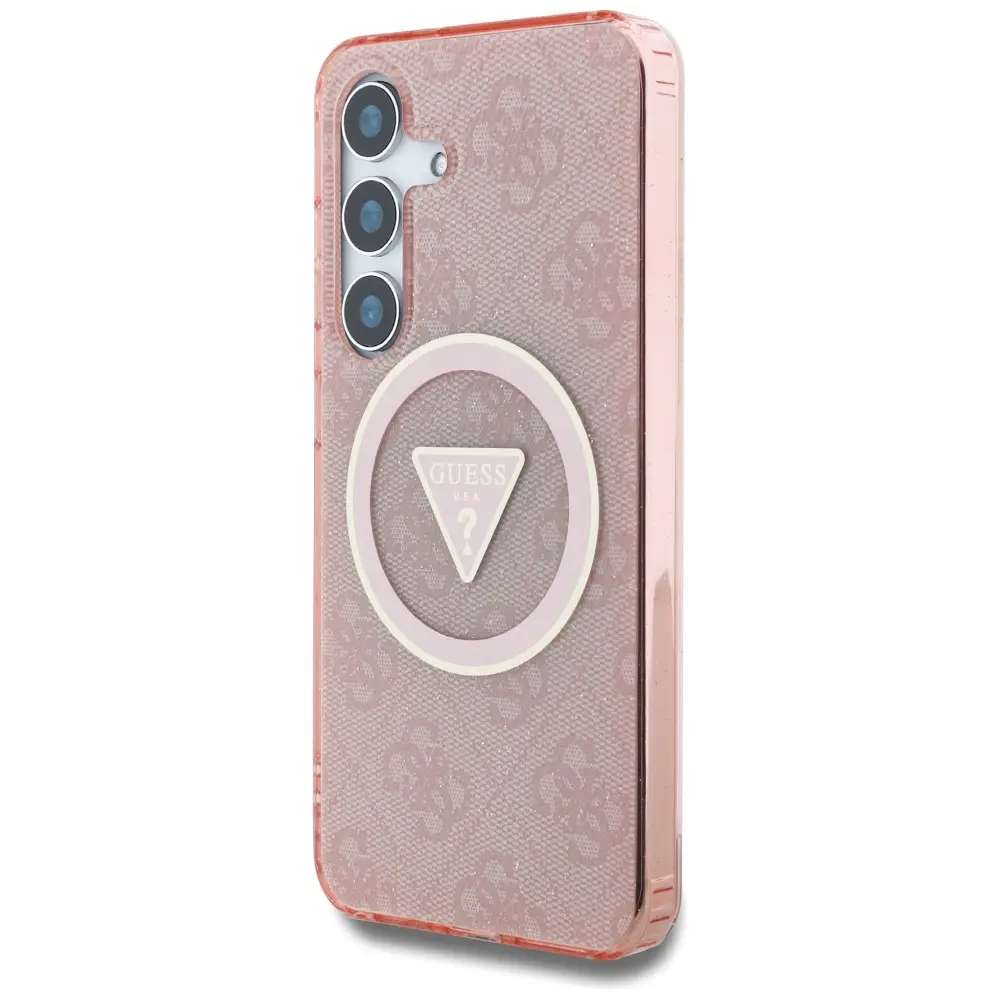 Etui Guess 4G Glitter Triangle Buttons MagSafe do Galaxy S25 Różowy