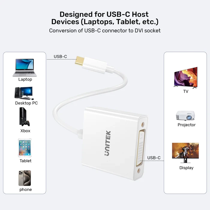 Adapter Unitek V1429A01 USB-C na DVI 1080P@60Hz, Biały, 15cm