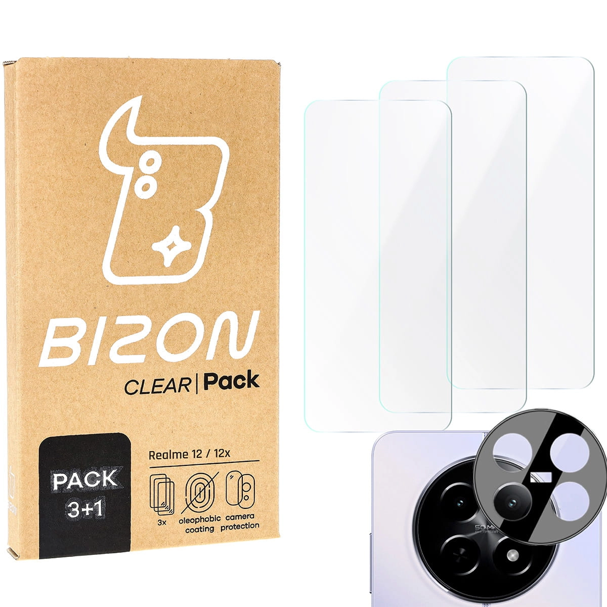 Zestaw ochronny Bizon 3x szkło hartowane + szybka na aparat Clear 2 Pack do Realme 12/12x