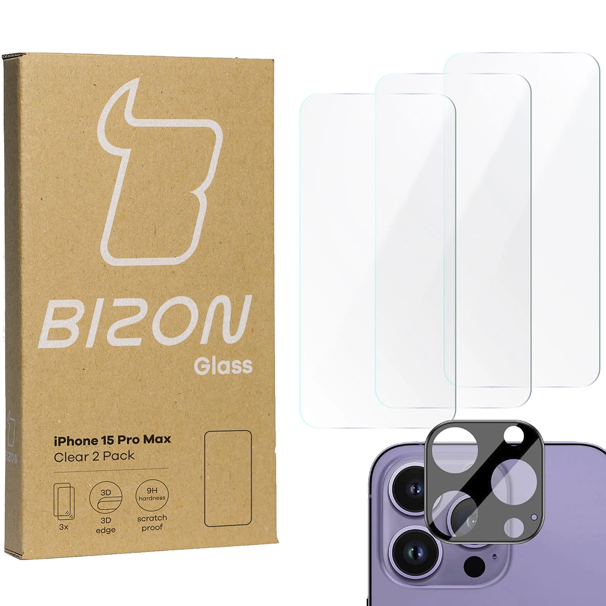 Zestaw ochronny Bizon 3x szkło + szybka na aparat Clear 2 Pack do iPhone 15 Pro Max