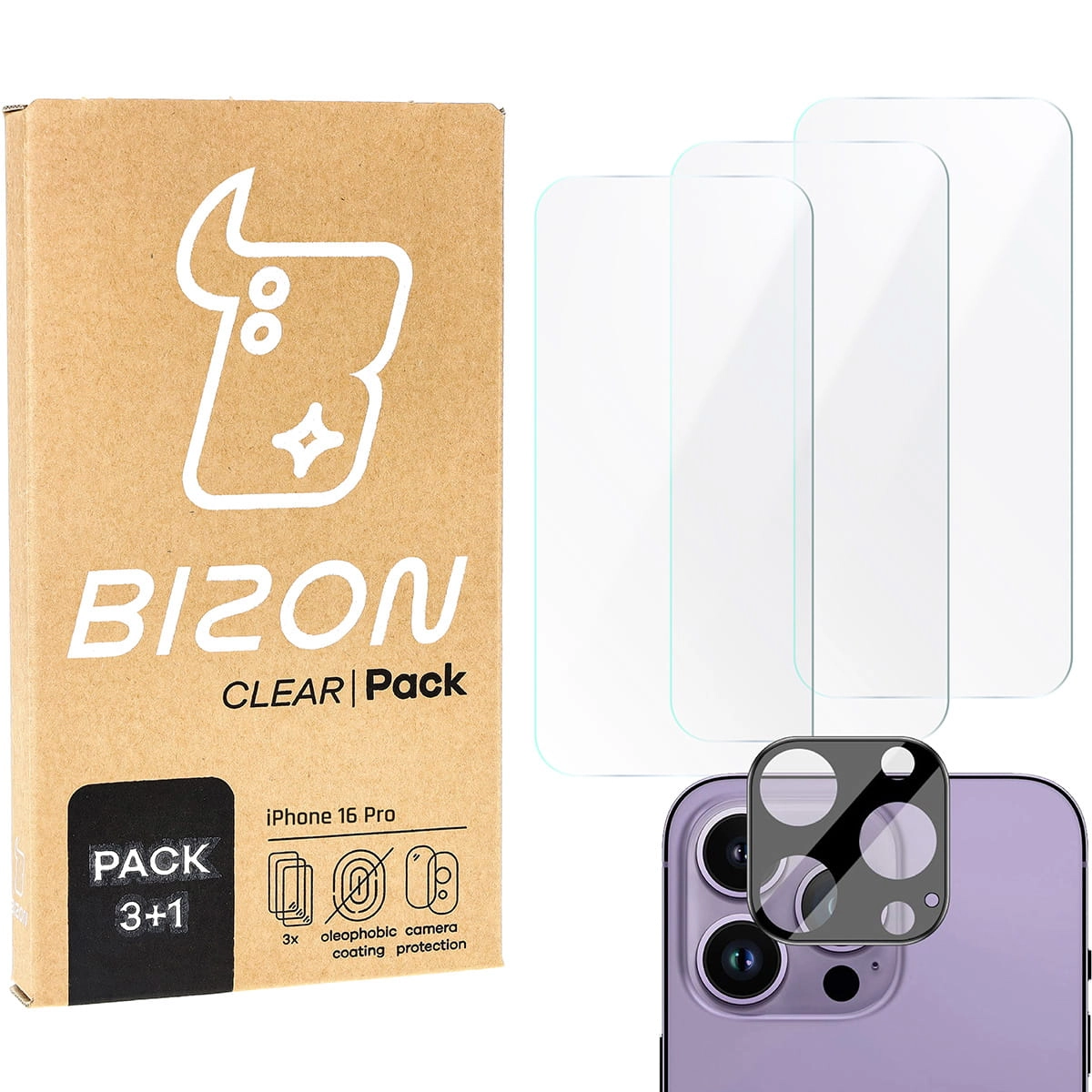 Zestaw ochronny Bizon 3x szkło hartowane + szybka na aparat Clear 2 Pack do iPhone 16 Pro Max