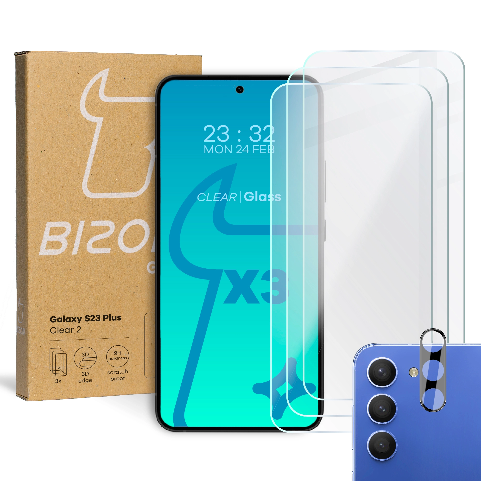 Zestaw ochronny Bizon 3x szkło + szybka na aparat Clear 2 do Galaxy S23 Plus