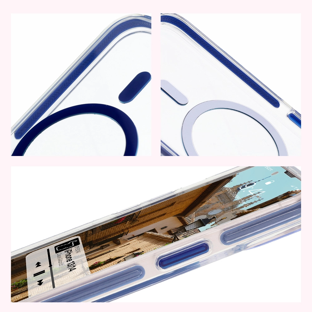 Etui Bizon Marco z MagSafe do iPhone 14/13 Przezroczyste z niebieską ramką
