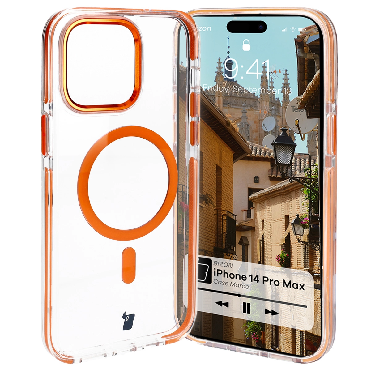Etui Bizon Marco z MagSafe do iPhone 14 Pro Max Przezroczyste z pomarańczową ramką