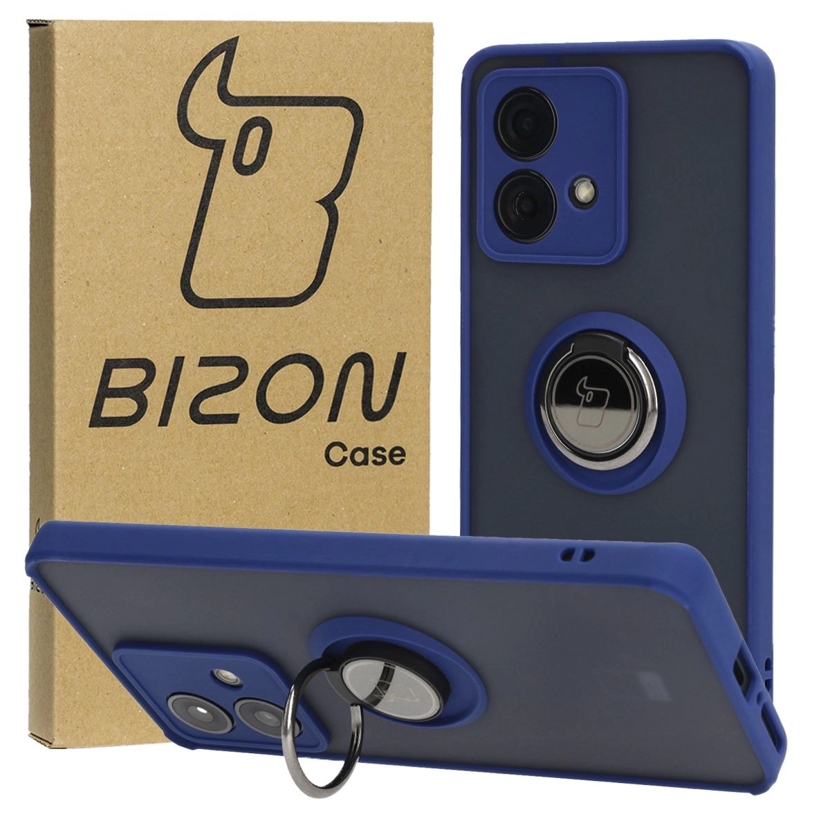 Etui Bizon z uchwytem na palec Hybrid Ring do Motorola Edge 40 Neo Przydymione z granatową ramką