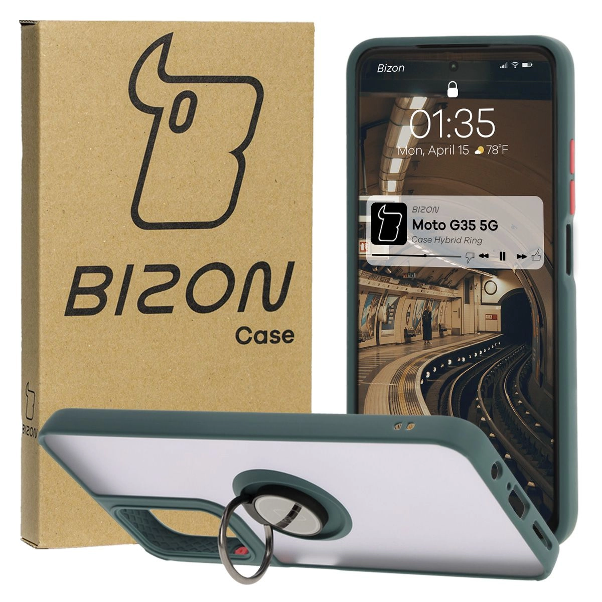 Etui Bizon z uchwytem na palec Hybrid Ring do Motorola Moto G35 5G Przydymione z ciemnozieloną ramką