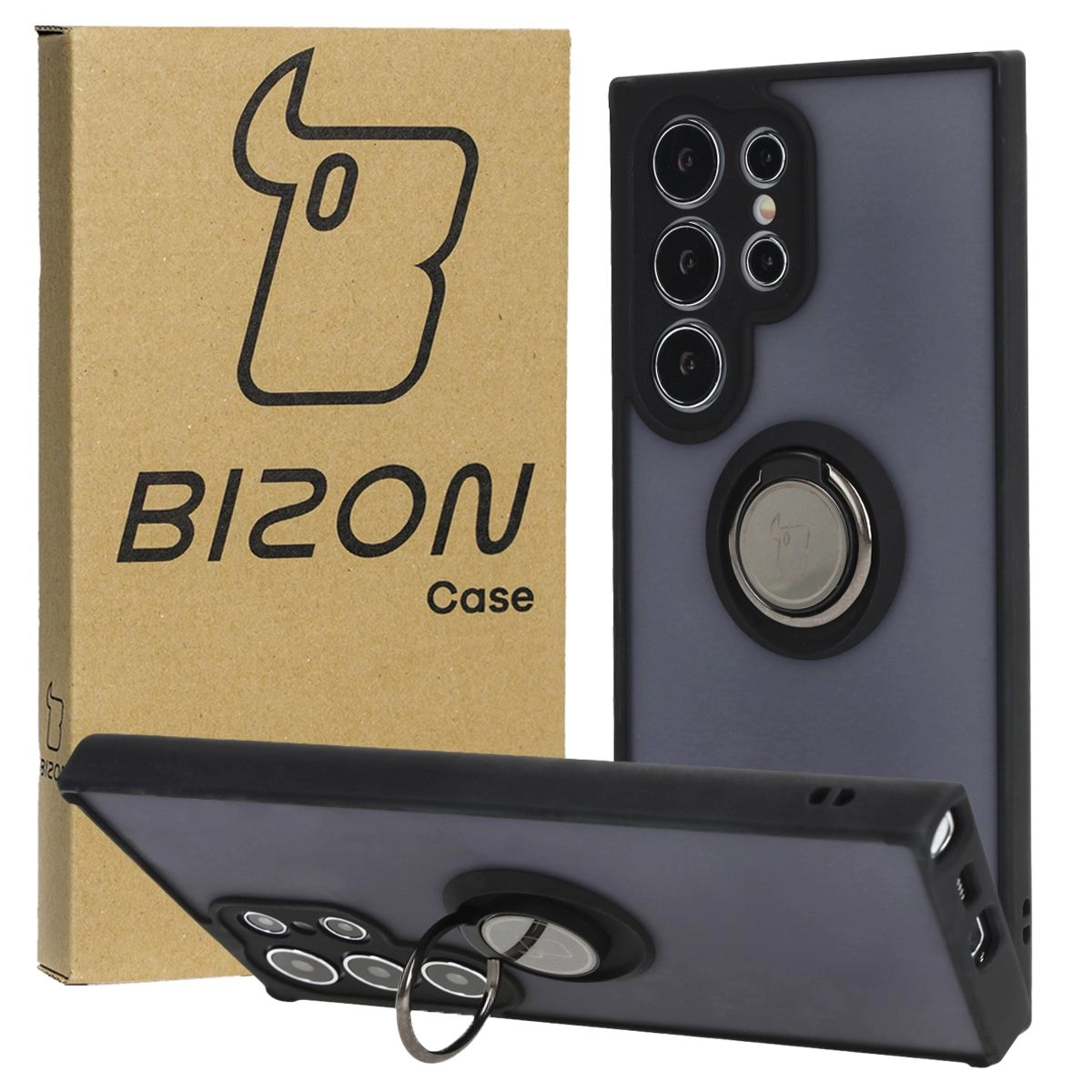 Etui Bizon z uchwytem na palec Hybrid Ring do Galaxy S24 Ultra Przydymione z czarną ramką