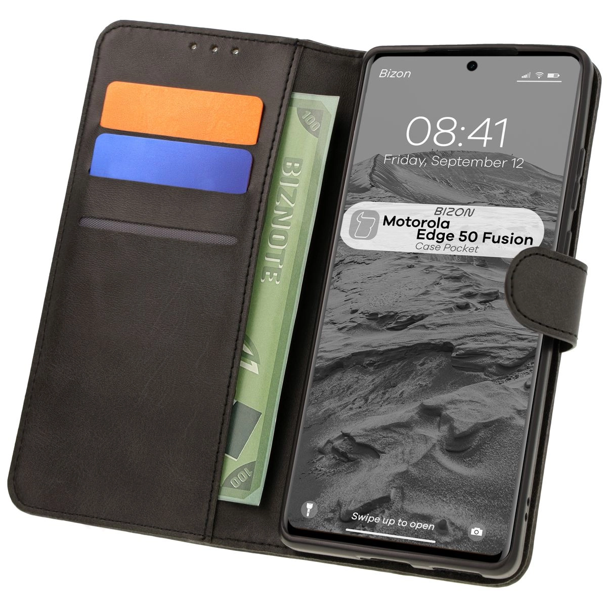 Etui Bizon z klapką Pocket do Motorola Edge 50 Fusion Czarny