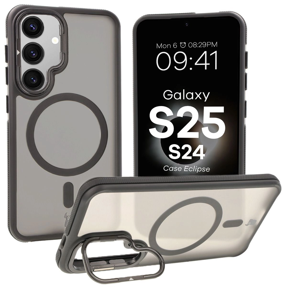 Etui Bizon Eclipse z MagSafe i podstawką do Galaxy S25/S24 Przydymione z czarną ramką