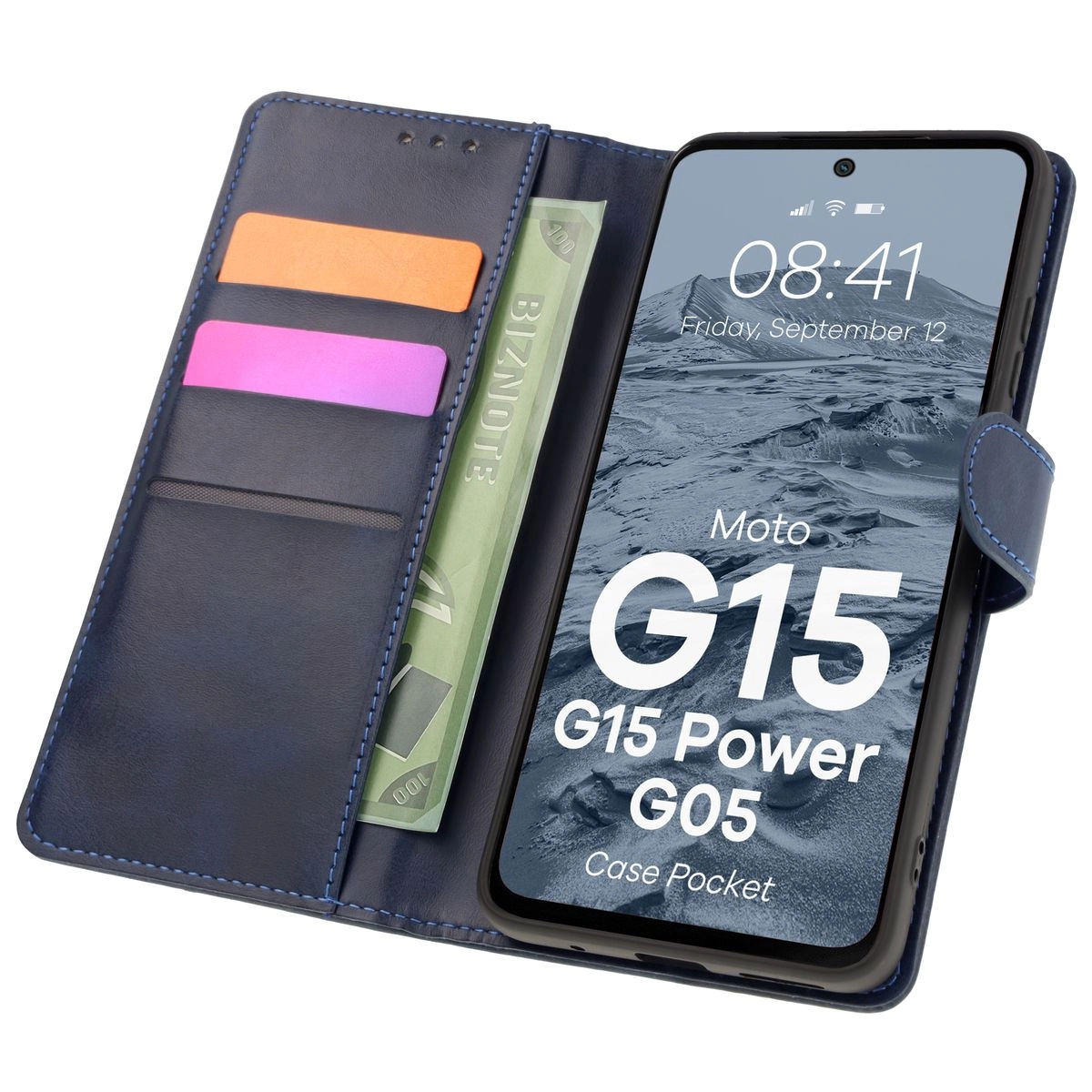 Etui Bizon z klapką Pocket do Motorola Moto G15/G15 Power/G05 Granatowy