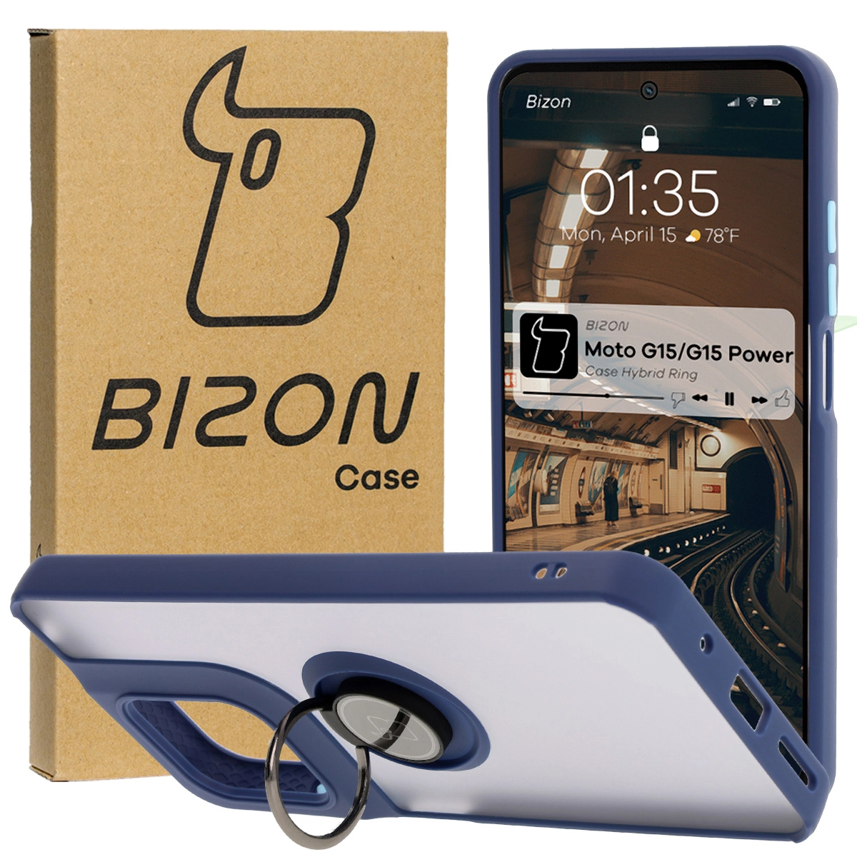 Bizon z uchwytem na palec Hybrid Ring do Motorola Moto G15 /  G15 Power Przydymione z granatową ramką