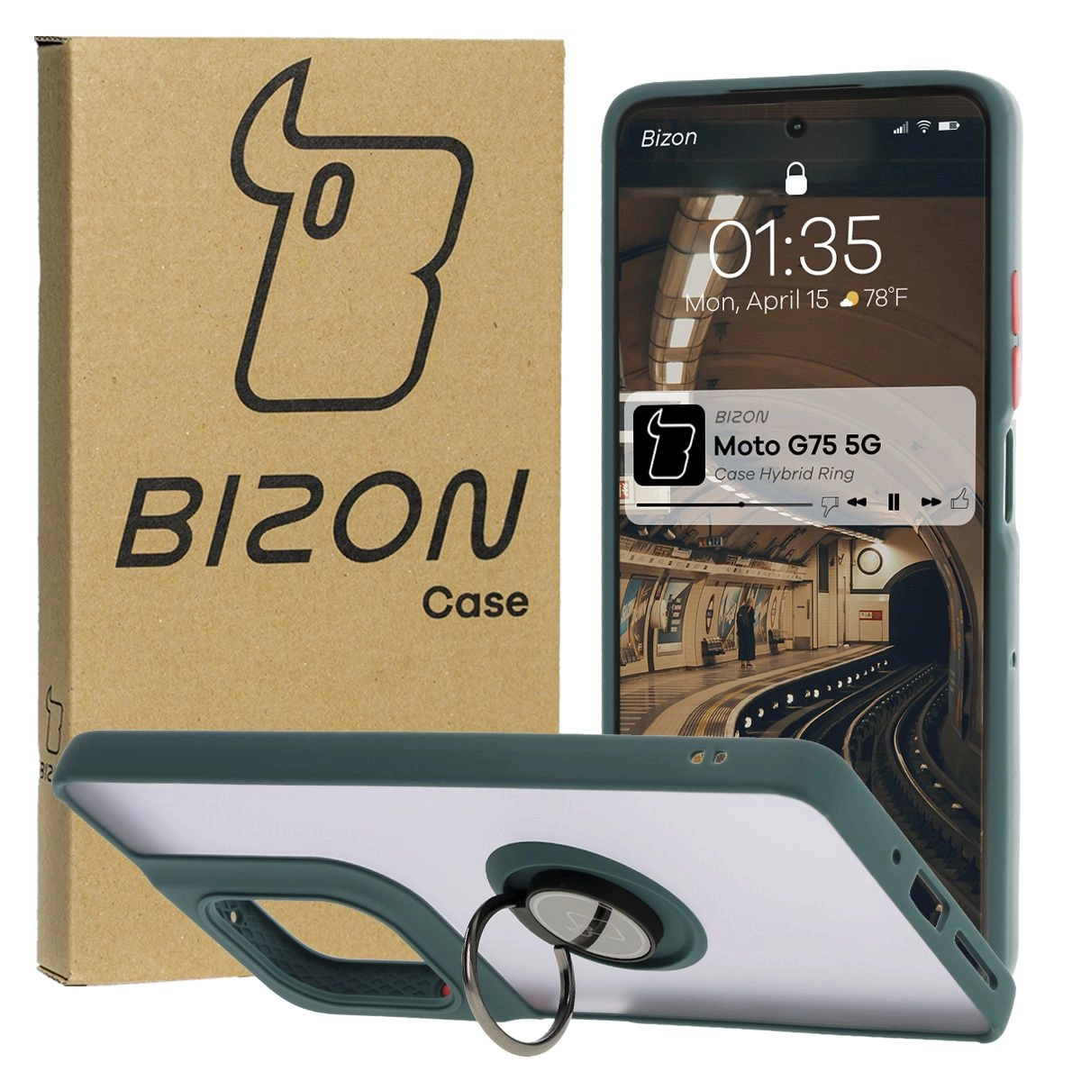 Etui Bizon z uchwytem na palec Hybrid Ring do Motorola Moto G75 5G Przydymione z ciemnozieloną ramką