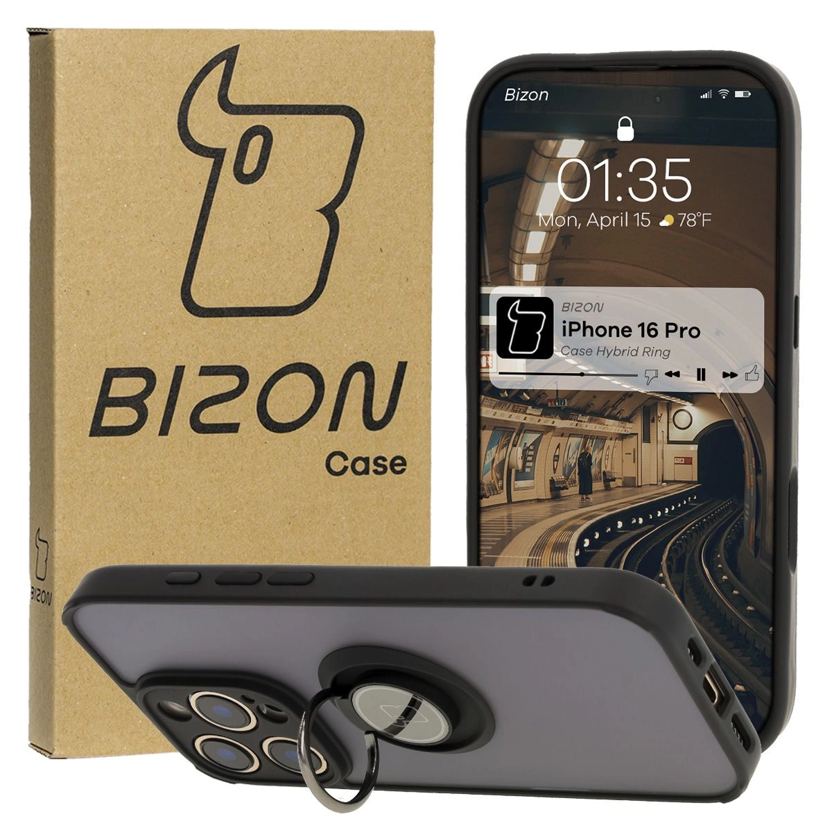 Etui Bizon z uchwytem na palec Hybrid Ring do iPhone 16 Pro Przydymione z czarną ramką
