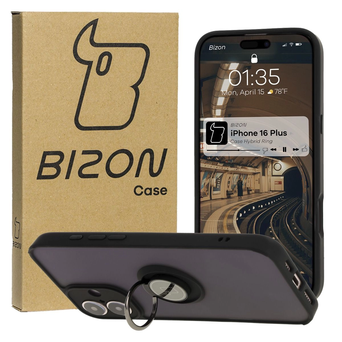 Etui Bizon z uchwytem na palec Hybrid Ring do iPhone 16 Plus Przydymione z czarną ramką