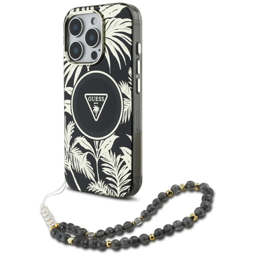 Etui Guess Palm Trees Triangle Pearl Strap MagSafe do iPhone 16 Pro Czarny