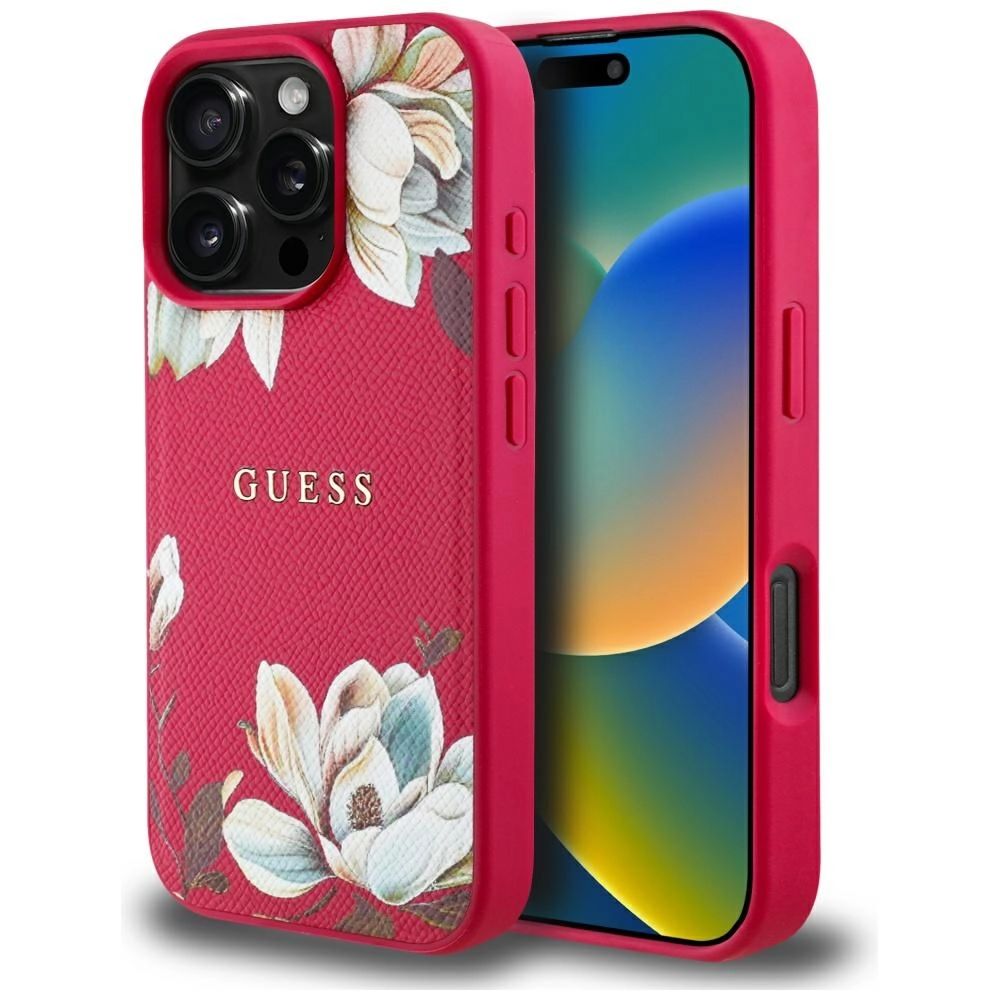 Etui Guess Grained Printed Flower Pattern MagSafe do iPhone 16 Pro Max Fuksja