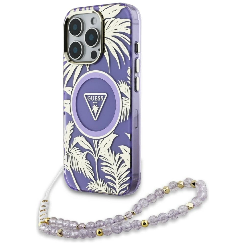 Etui Guess Palm Trees Triangle Pearl Strap MagSafe do iPhone 16 Pro Fioletowy