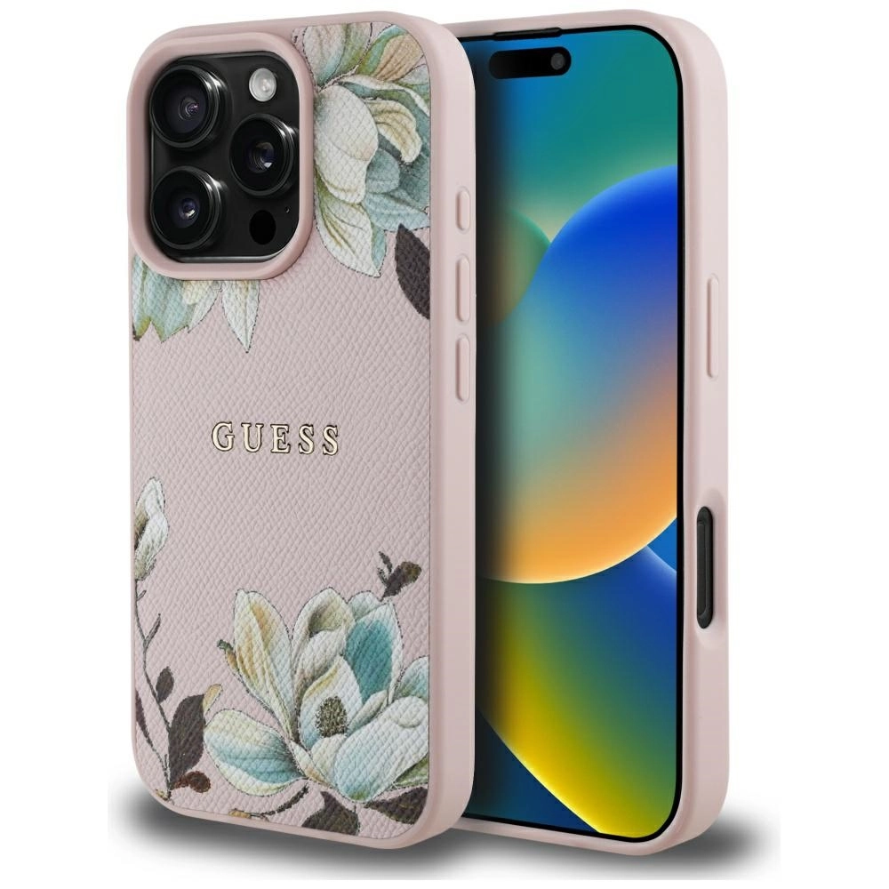 Etui Guess Grained Printed Flower Pattern MagSafe do iPhone 16 Pro Max Różowy