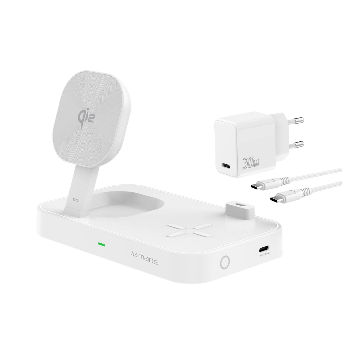 Ładowarka indukcyjna 4smarts QI2 Trident 2w1 + USB-C + ładowarka sieciowa 30W Biały