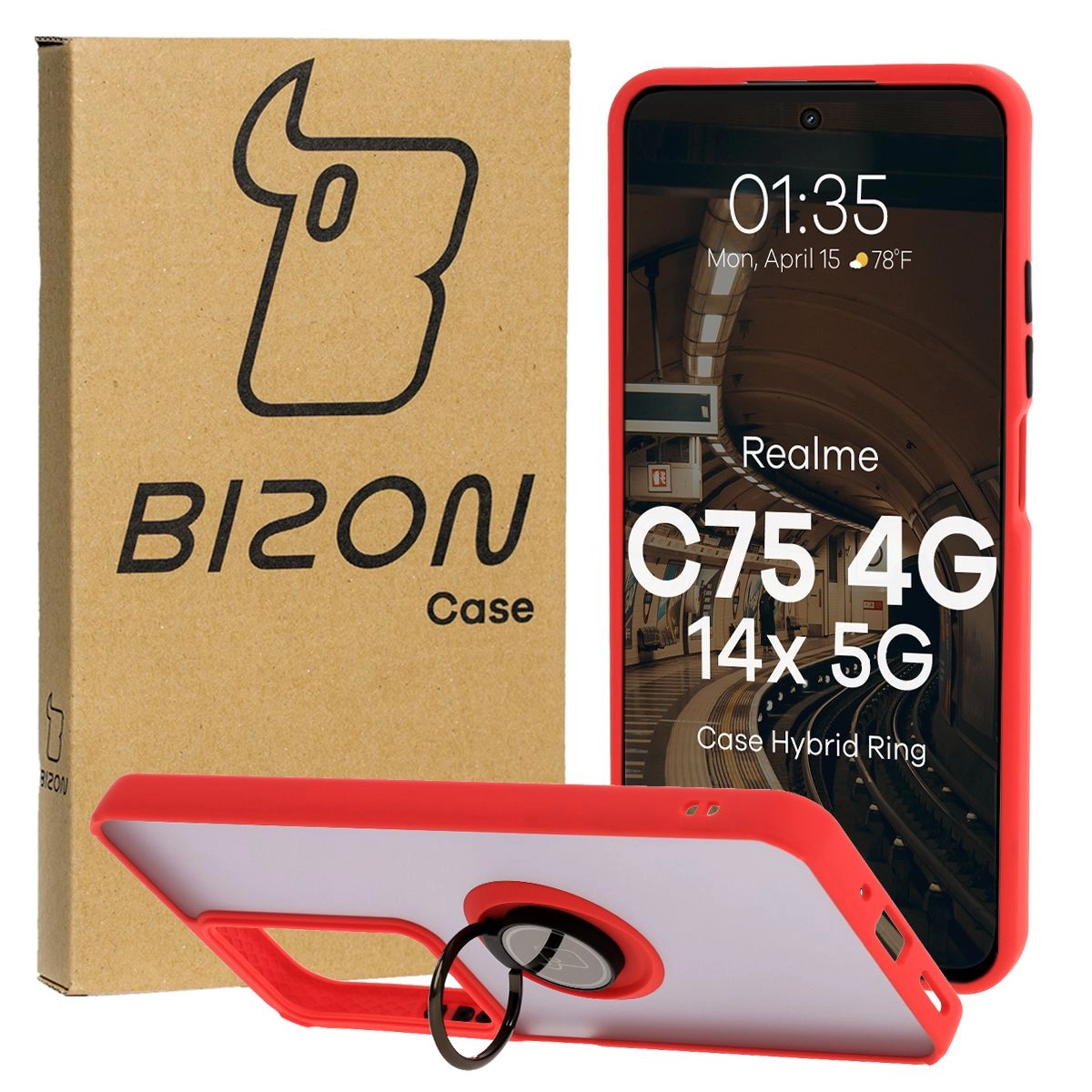 Etui Bizon z uchwytem na palec Hybrid Ring do Realme C75 4G/14x 5G przydymione z Czerwoną ramką