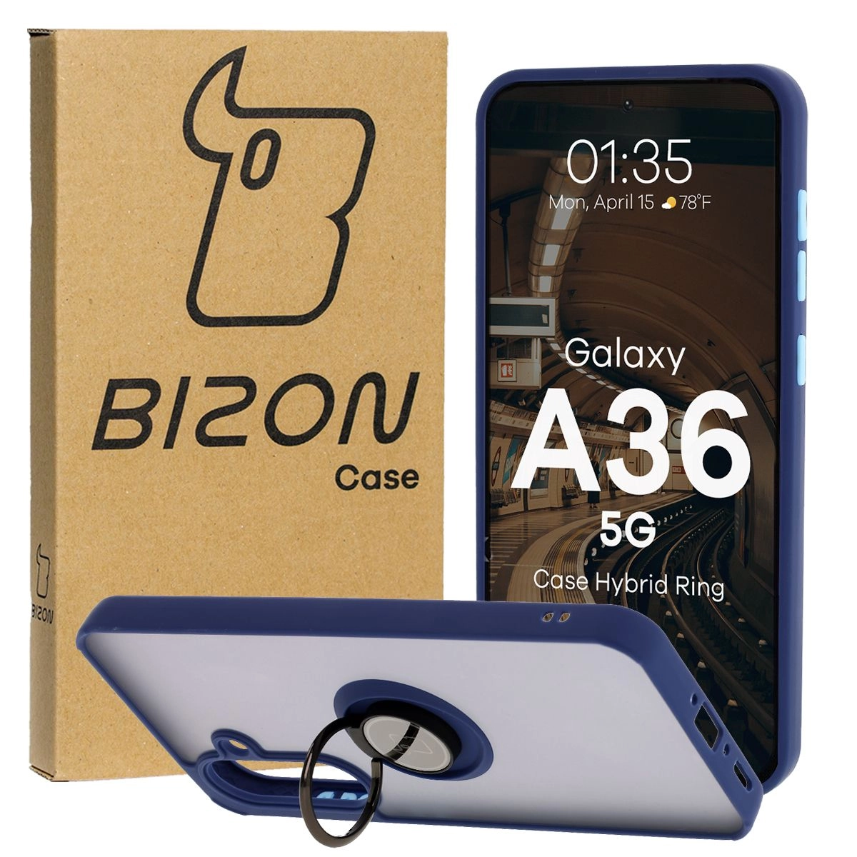 Etui Bizon z uchwytem na palec Hybrid Ring do Galaxy A36 5G przydymione z Granatową ramką