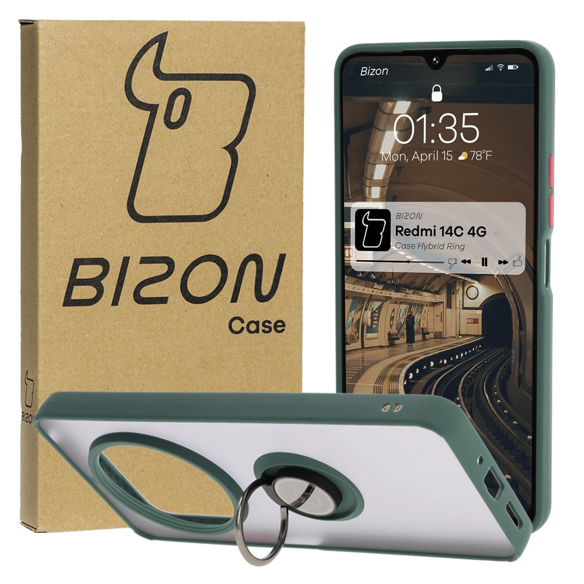 Etui Bizon z uchwytem na palec Hybrid Ring do Xiaomi Redmi 14C 4G/POCO C75 przydymione z Ciemnozieloną ramką