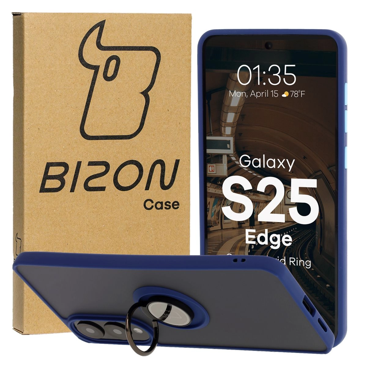 Etui Bizon z uchwytem na palec Hybrid Ring do Galaxy S25 Edge przydymione z Granatową ramką