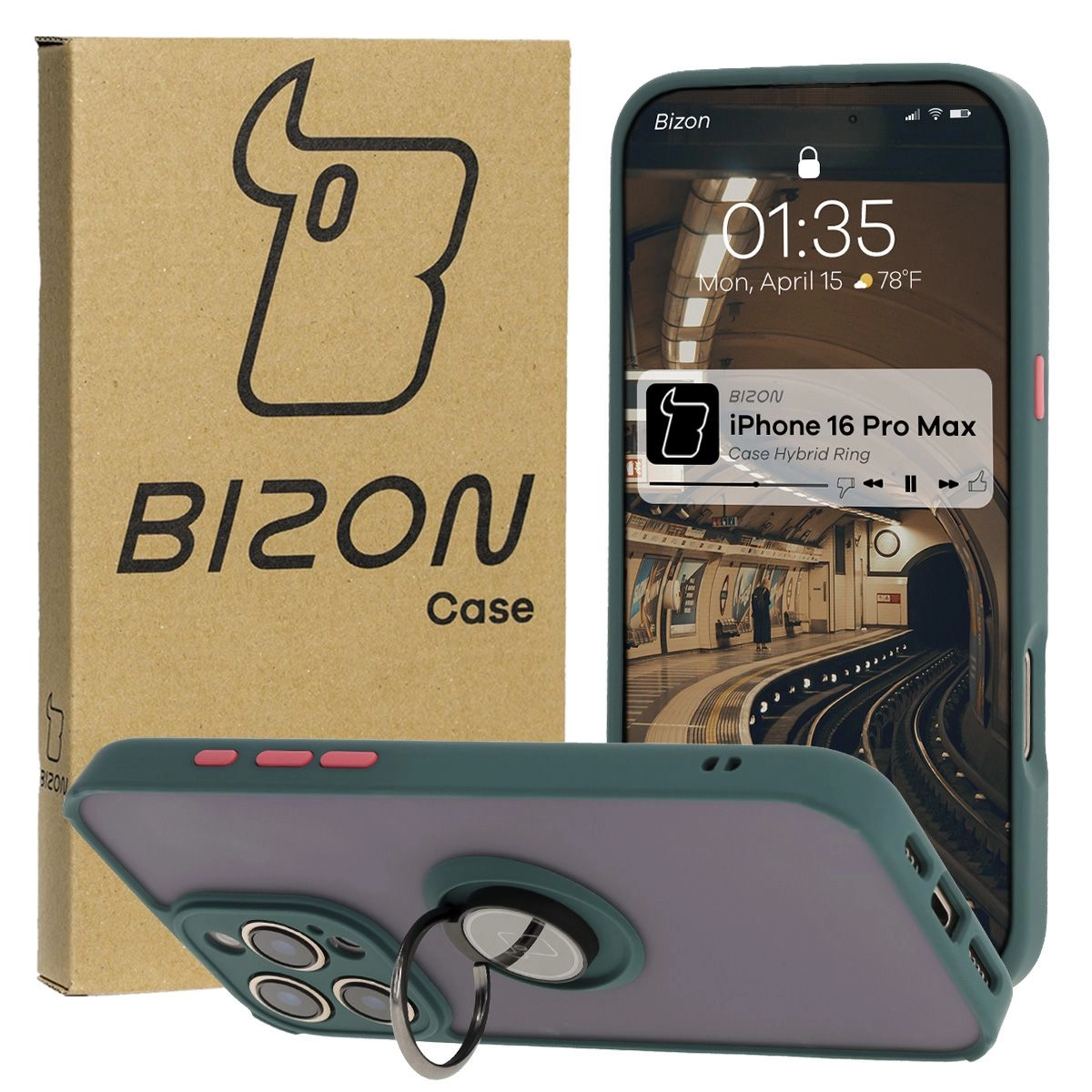 Etui Bizon z uchwytem na palec Hybrid Ring do iPhone 16 Pro Max przydymione z Ciemnozieloną ramką