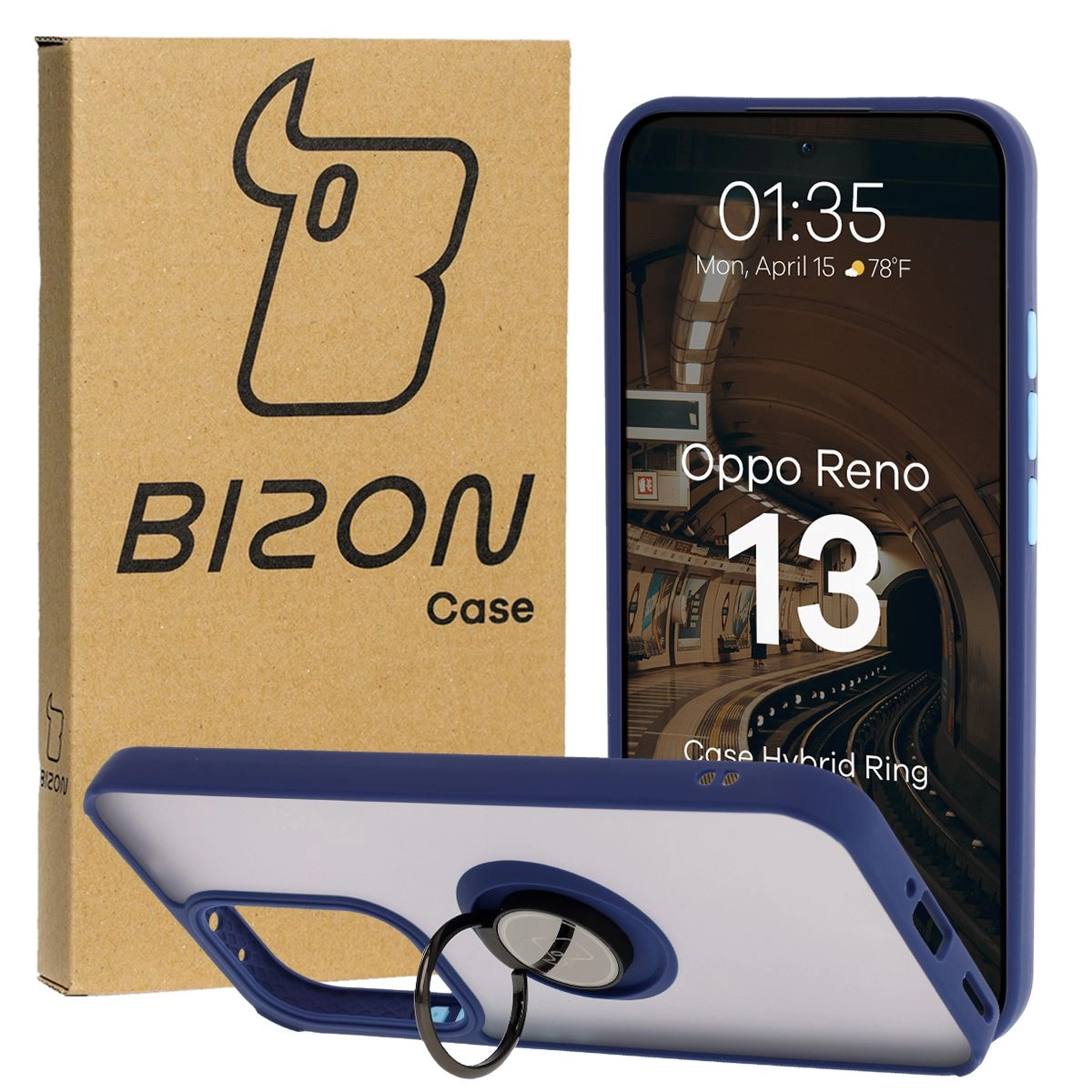 Etui Bizon z uchwytem na palec Hybrid Ring do Oppo Reno13 przydymione z Granatową ramką
