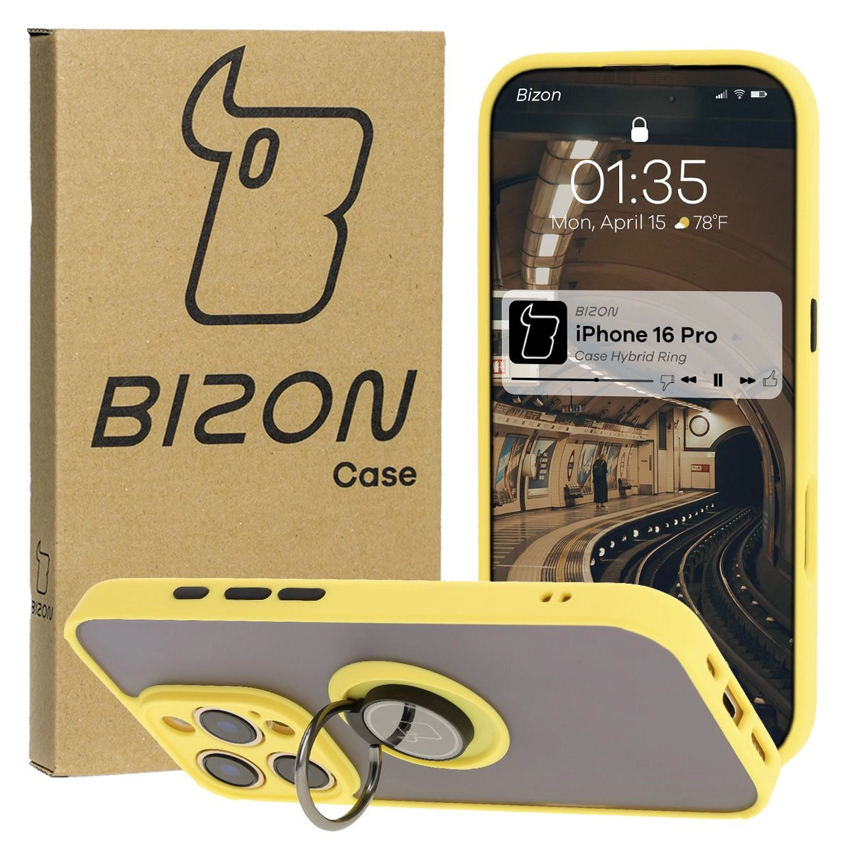 Etui Bizon z uchwytem na palec Hybrid Ring do iPhone 16 Pro przydymione z Żółtą ramką