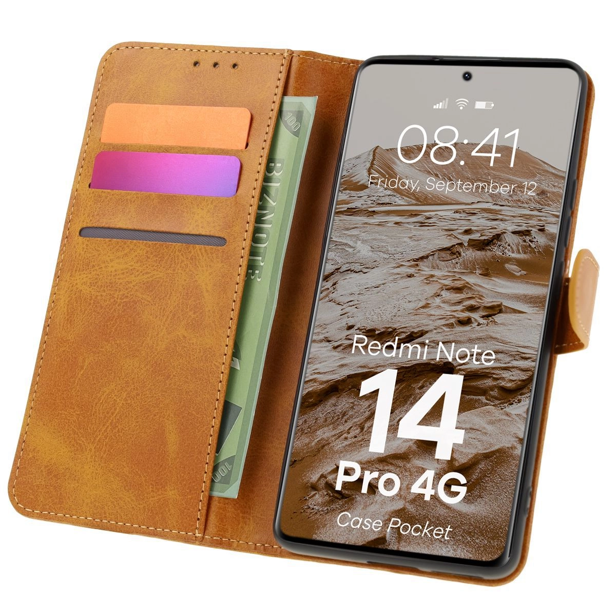 Etui Bizon z klapką Pocket do Xiaomi Redmi Note 14 Pro 4G Brązowy