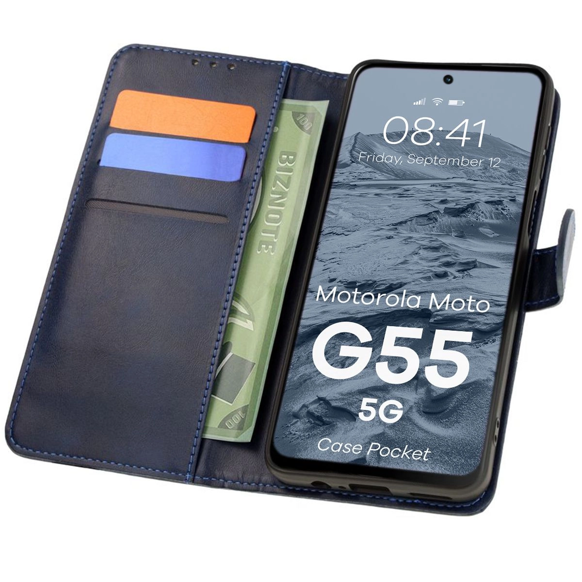 Etui Bizon z klapką Pocket do Motorola Moto G55 5G Granatowy