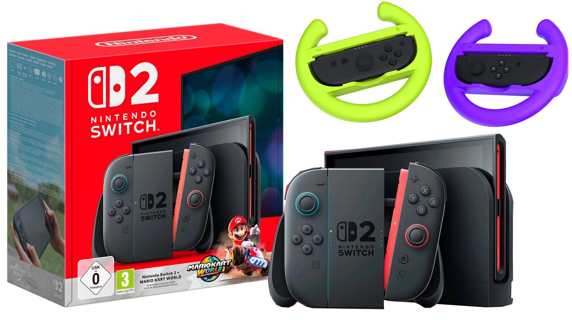 Konsola Nintendo Switch 2 Joy-Con Czarny + Mario Kart World + Kierownica Yaxo Joy-Con Wheels Set