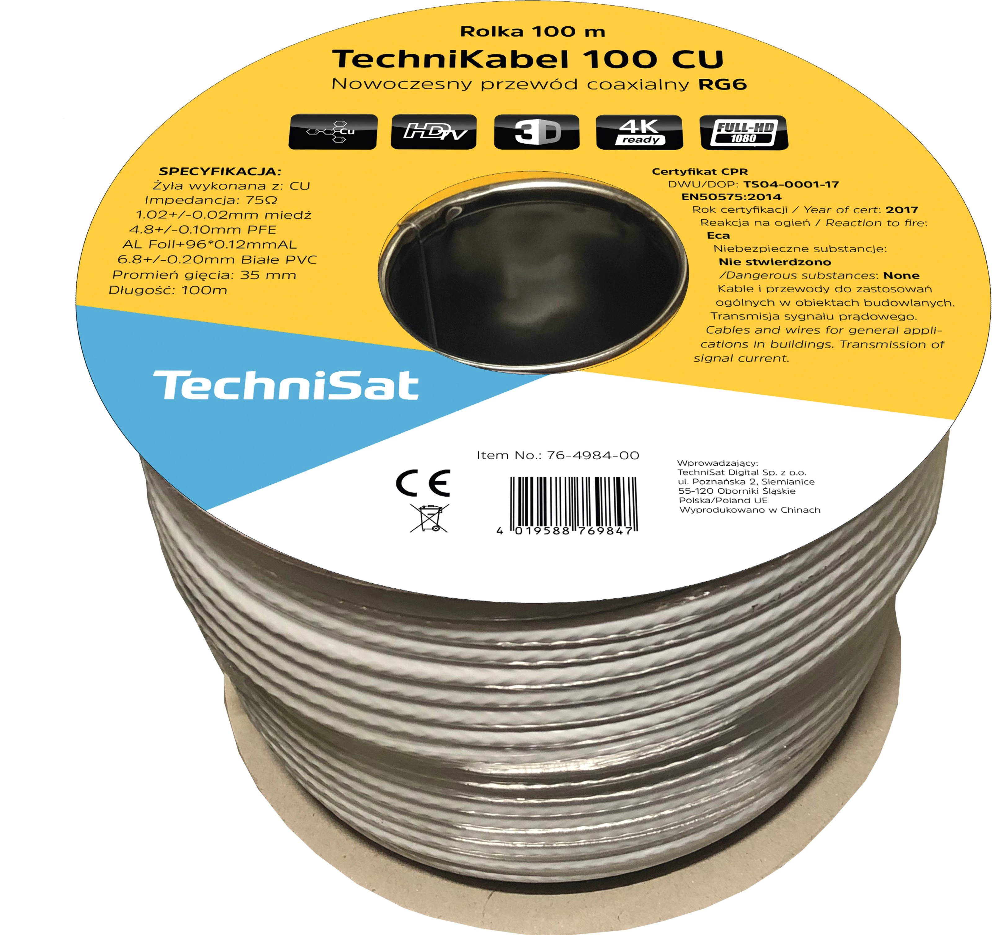 Kabel koncentryczny TechniSat TechniKabel 100 CU Szpula 100m