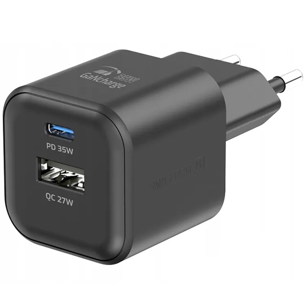 Ładowarka sieciowa Swissten 22071210 GaN 1x USB-C 35W PD 1x USB-A 27W QC Czarny