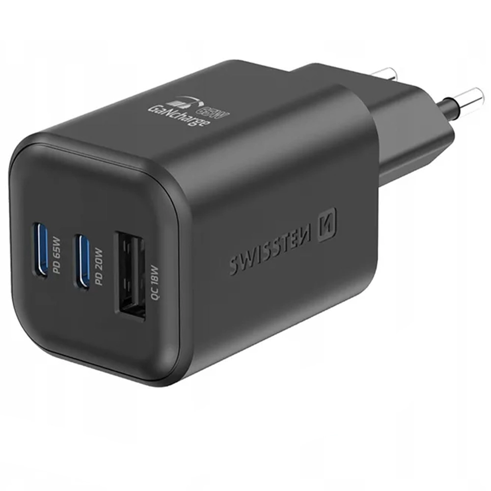 Ładowarka sieciowa Swissten 22071410 GaN 2x USB-C 65W PD 1x USB-A 18W QC Czarny