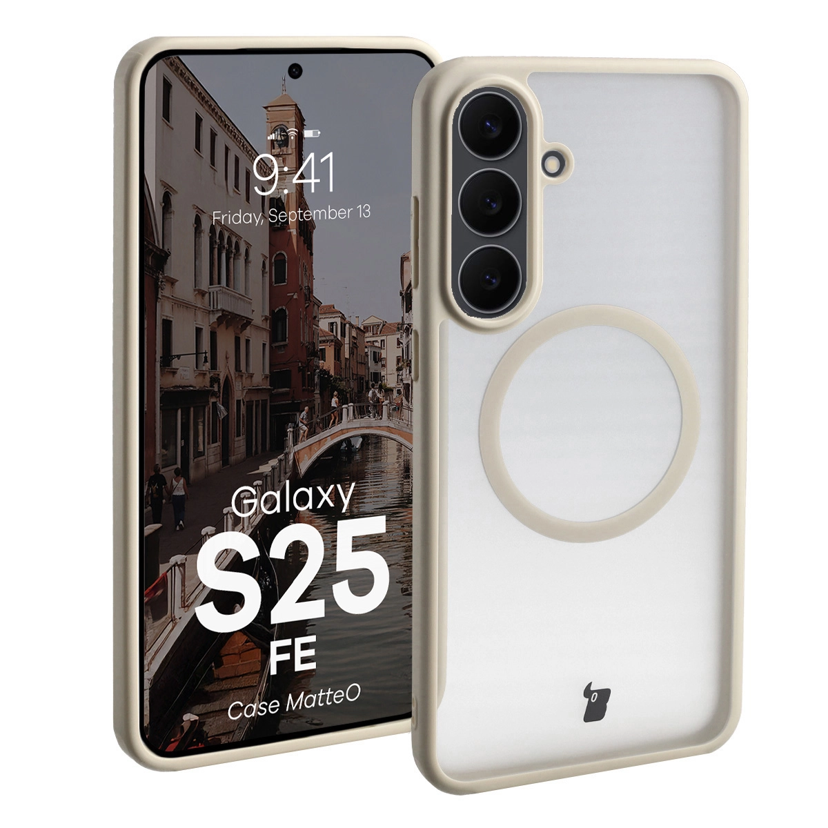 Etui Bizon MatteO z MagSafe Samsung Galaxy S25 FE Półprzezroczyste z beżową ramką