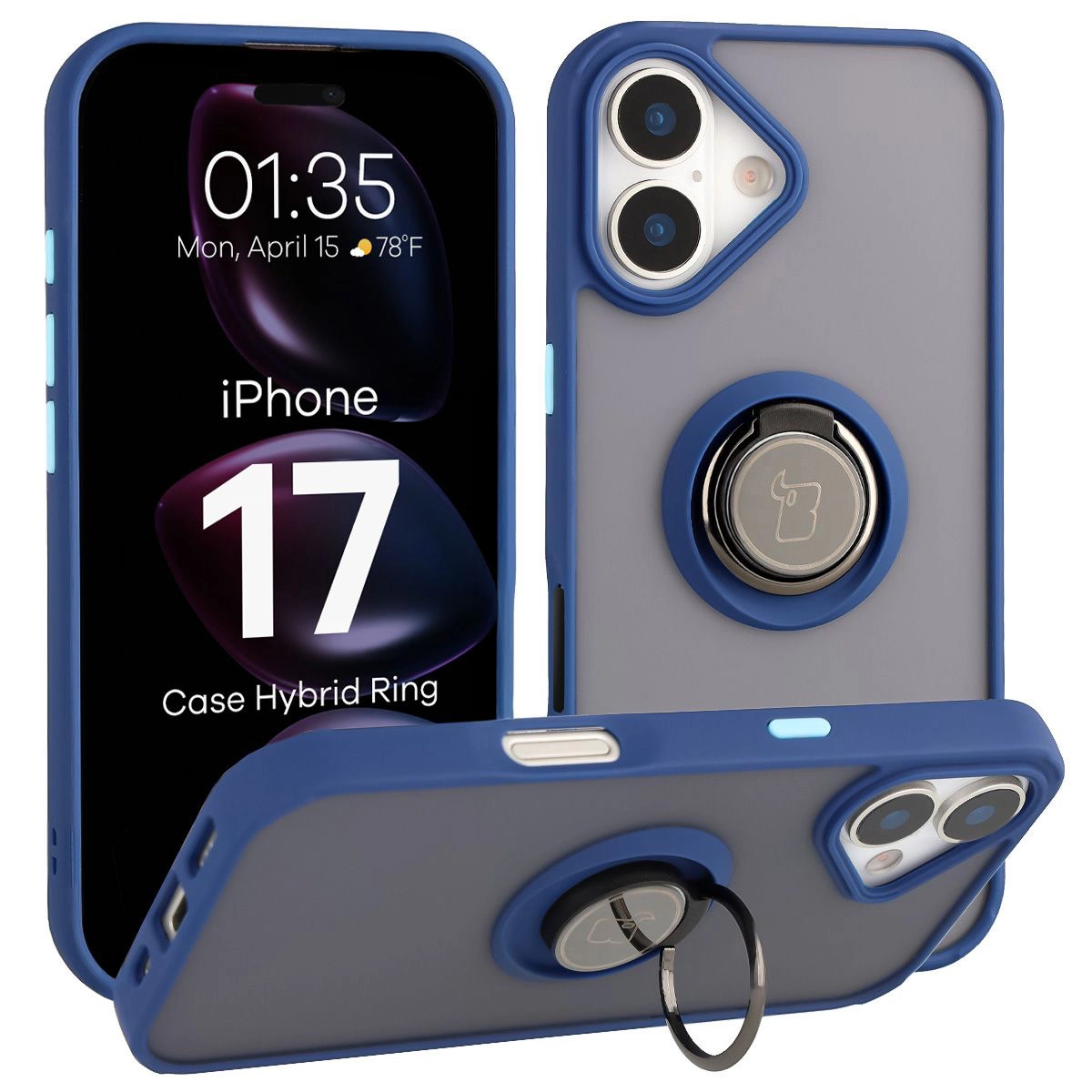 Etui Bizon z uchwytem na palec Hybrid Ring do Apple iPhone 17 Przydymione z granatową ramką