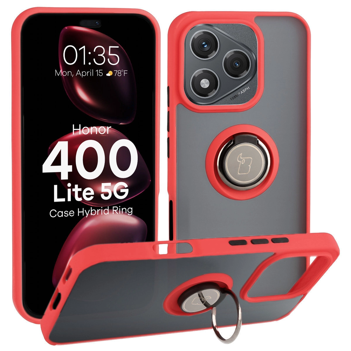 Etui Bizon z uchwytem na palec Hybrid Ring do Honor 400 Lite 5G Przydymione z Czerwoną ramką