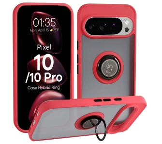 Etui Bizon z uchwytem na palec Hybrid Ring do Google Pixel 10 / Google Pixel 10 Pro Przydymione z Czerwoną ramką