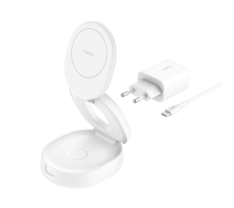 Ładowarka indukcyjna Belkin 2w1 składana Qi2 15W zasilacz 30W Biały
