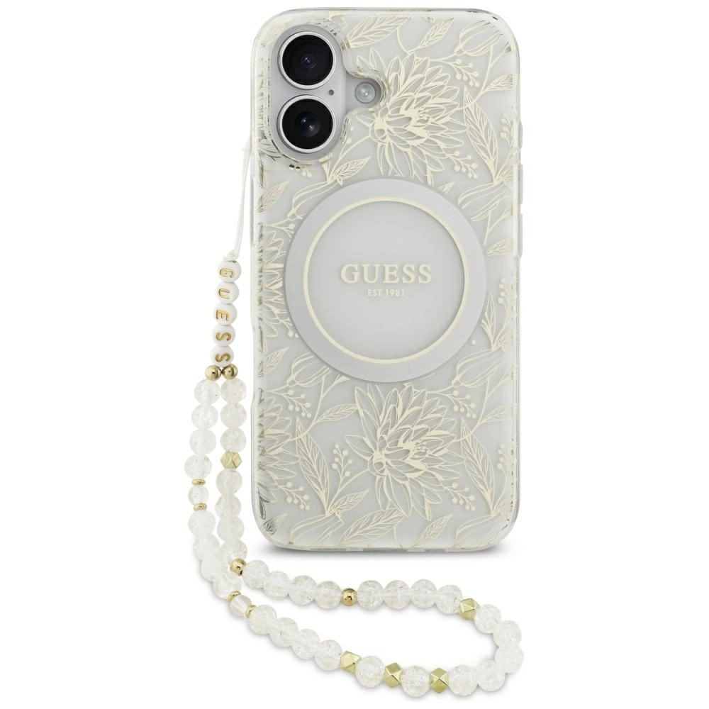 Etui Guess IML Flowers Electro Pearl Strap MagSafe do iPhone 17 biały