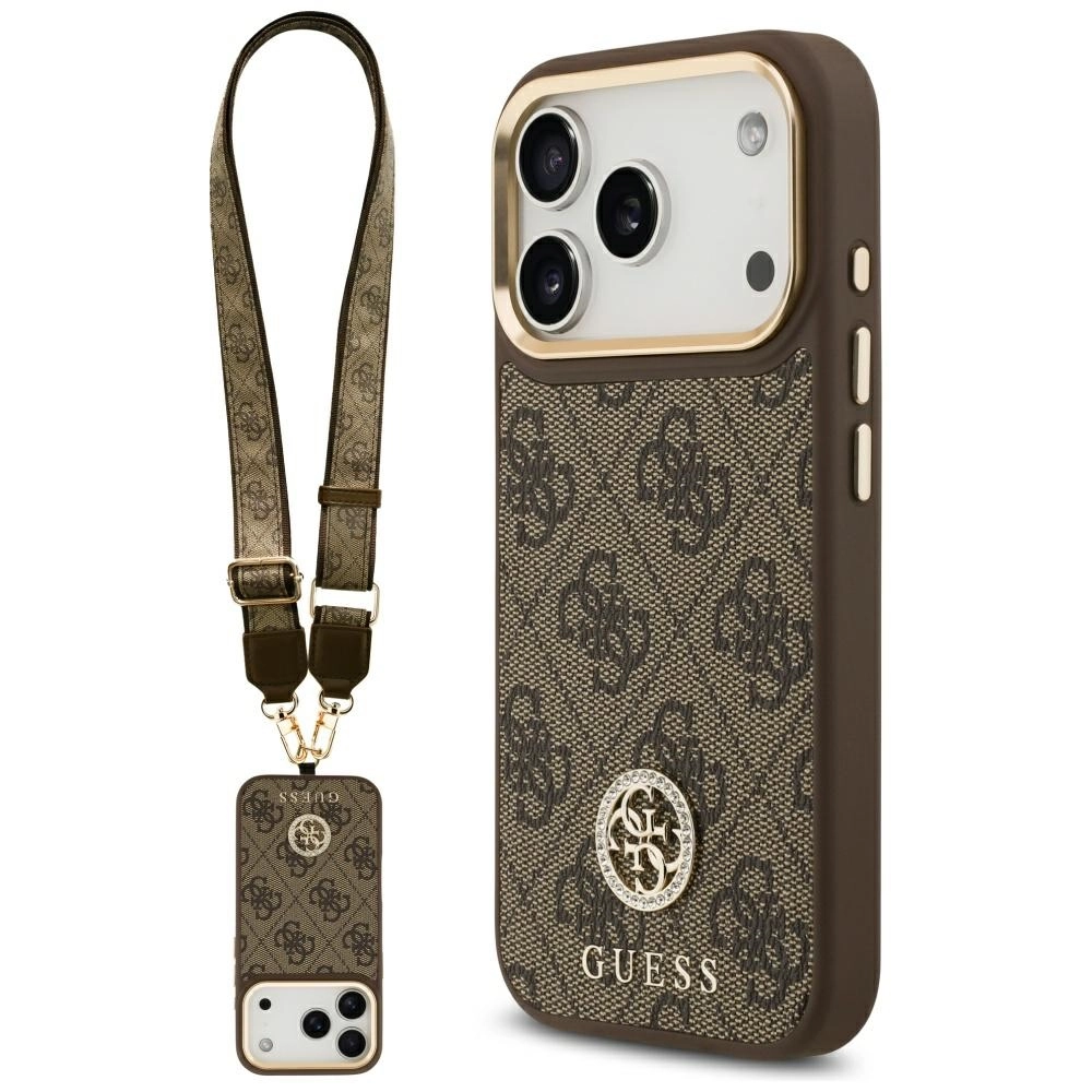 Etui Guess 4G Strass Logo & Big Strap Metal Buttons MagSafe do iPhone 17 Pro brązowy