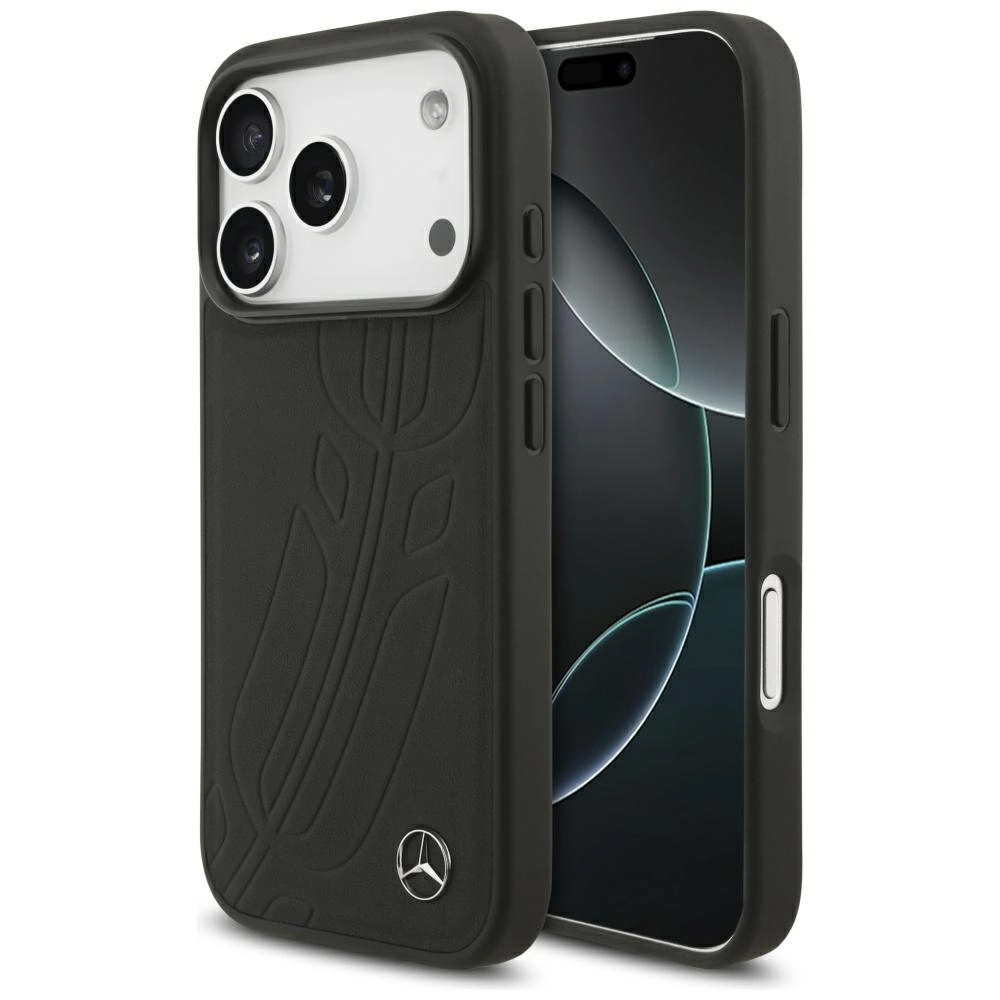 Etui Mercedes-Benz Leather Large Laurel Leave MagSafe do iPhone 17 Pro czarny