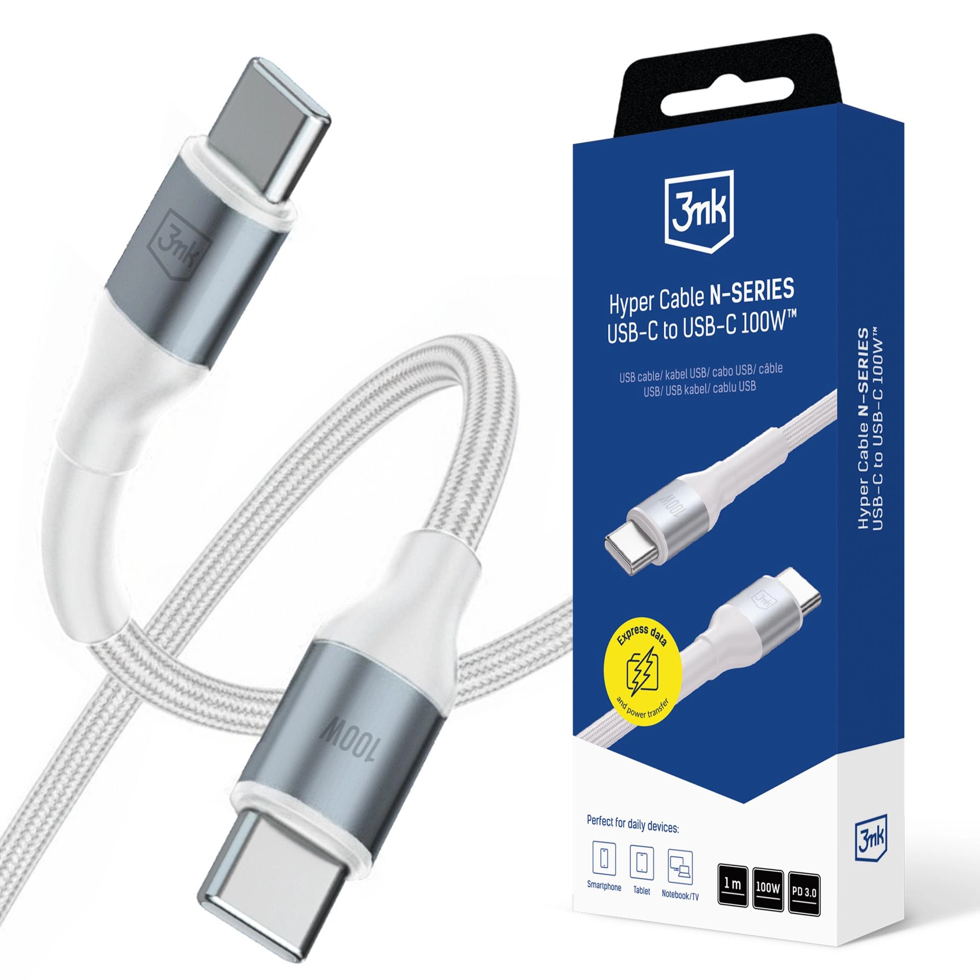 Kabel 3mk Hyper Cable N-SERIES USB-C do USB-C 1m 20V/5 A 100W Biały