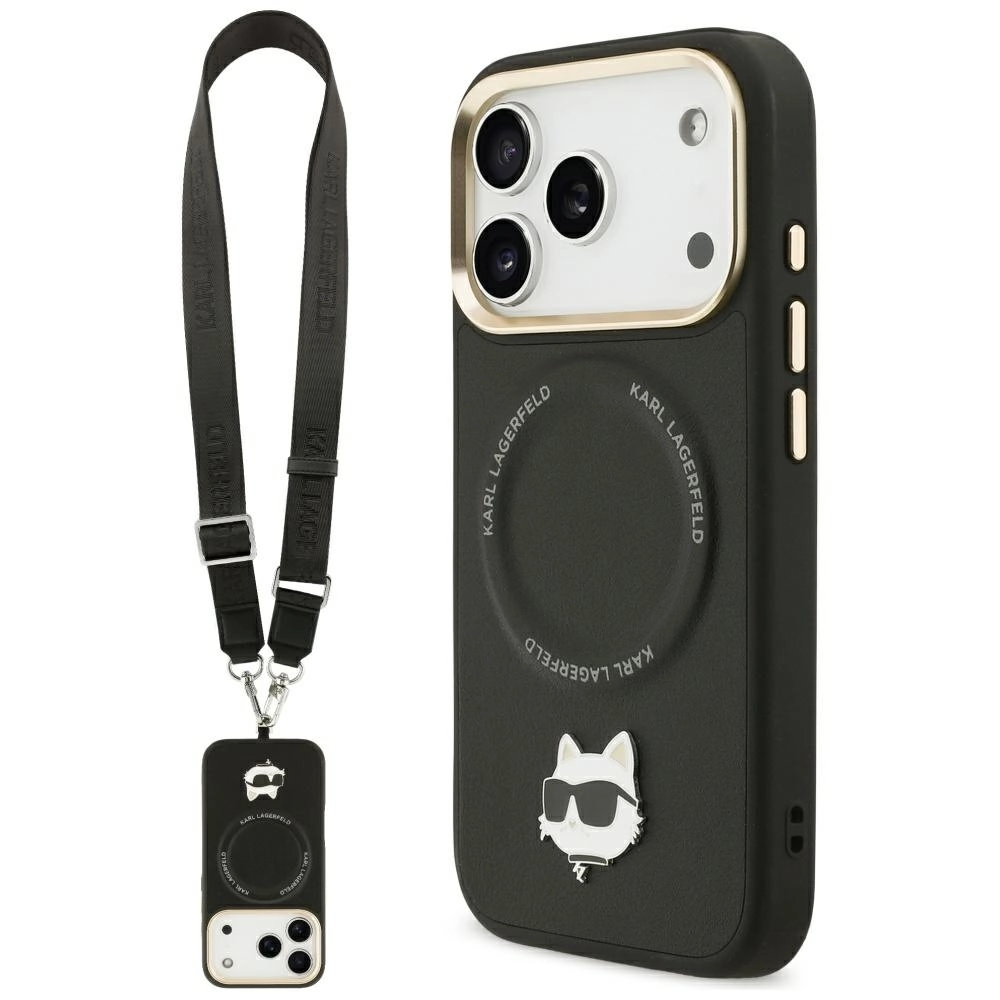 Etui Karl Lagerfeld Big Strap Choupette Metal Logo MagSafe do iPhone 17 Pro Czarny