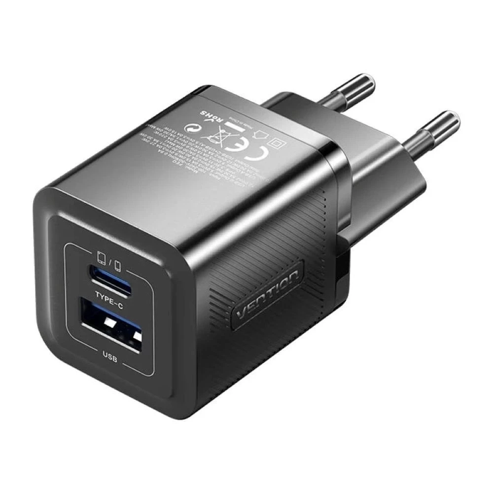 Ładowarka sieciowa Vention 1x USB-A 1x USB-C GaN 30W Czarny