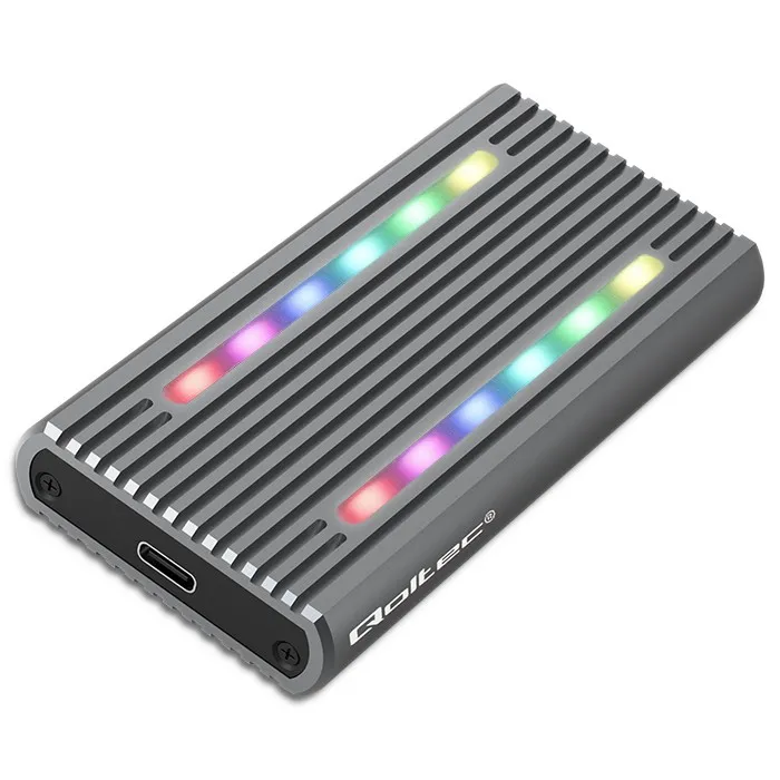 Obudowa Qoltec 52272 M.2 SSD SATA NVMe RGB LED USB-C Szary